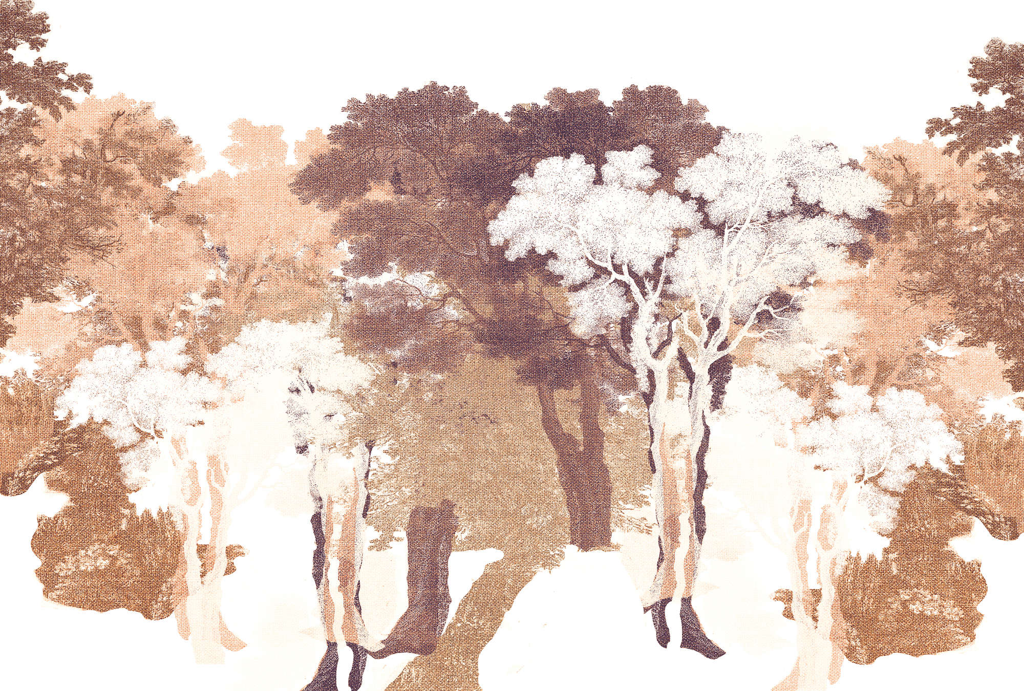             Photo wallpaper trees, textile look & forest landscape - orange, white, grey
        