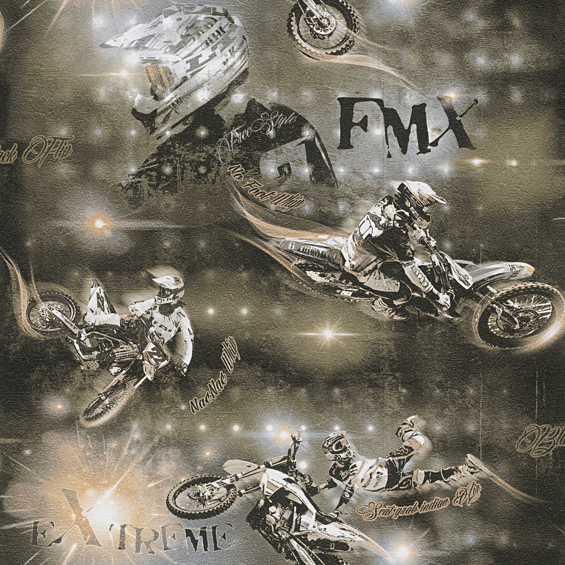 Motocross wallpaper for youth room in sepia - black, beige, gold, silver

