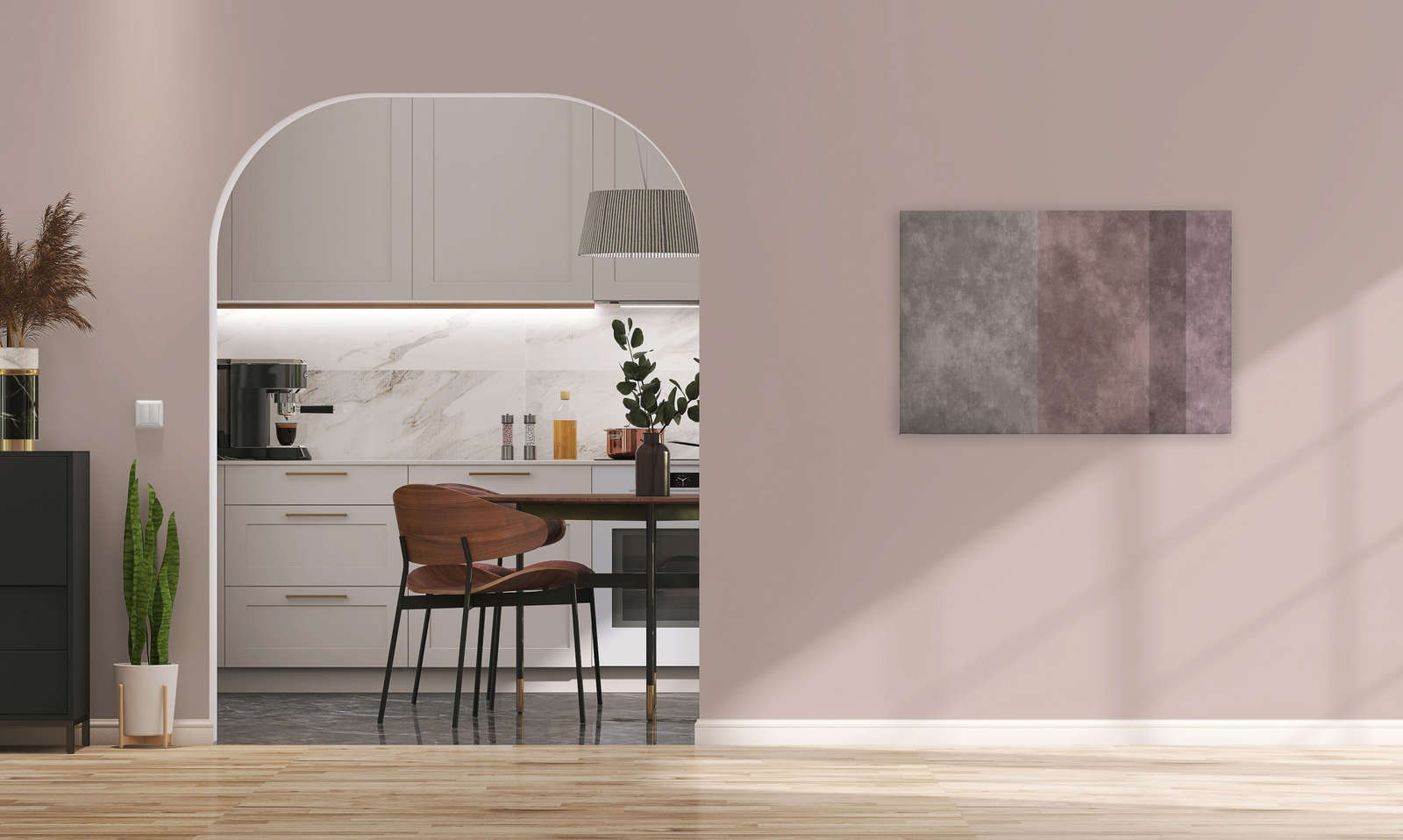             Concrete-look canvas picture with stripes | grey, pink - 0.90 m x 0.60 m
        