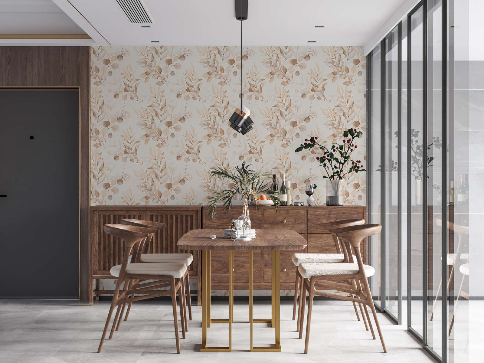             Non-woven wallpaper with watercolour leaf motif in warm tones - cream, beige
        