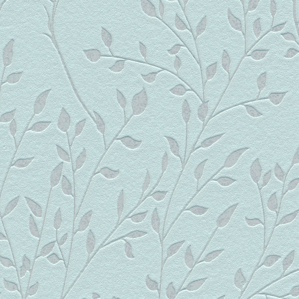             Papel pintado liso de color azul claro con estampado de hojas, efecto de brillo y textura
        