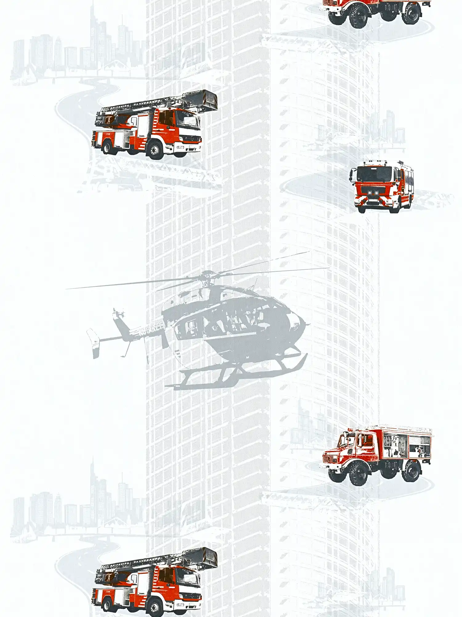         Kids room wallpaper fire department pattern for boys - grey, red, black
    