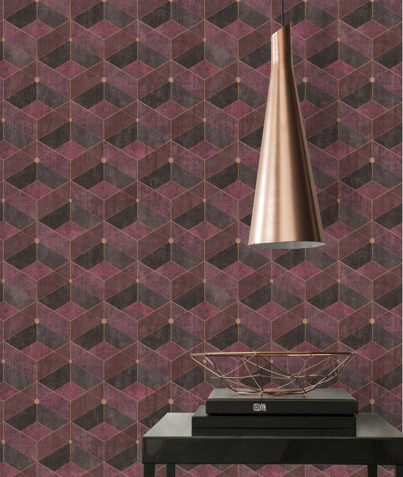             Non-woven wallpaper with retro graphic pattern, purple & gold
        