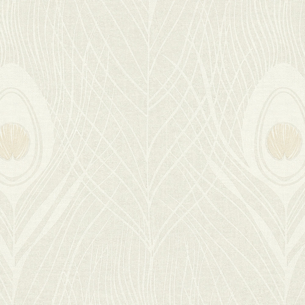             Cream wallpaper with peacock feathers - beige, gold, grey
        