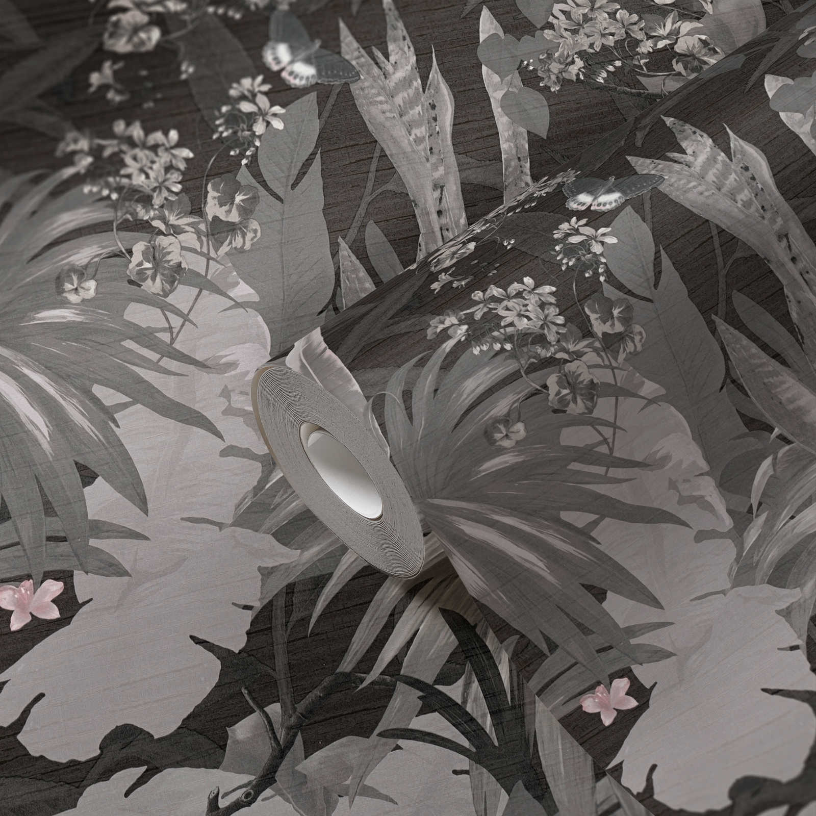             Papier peint aspect jungle avec design naturel - gris, rose
        