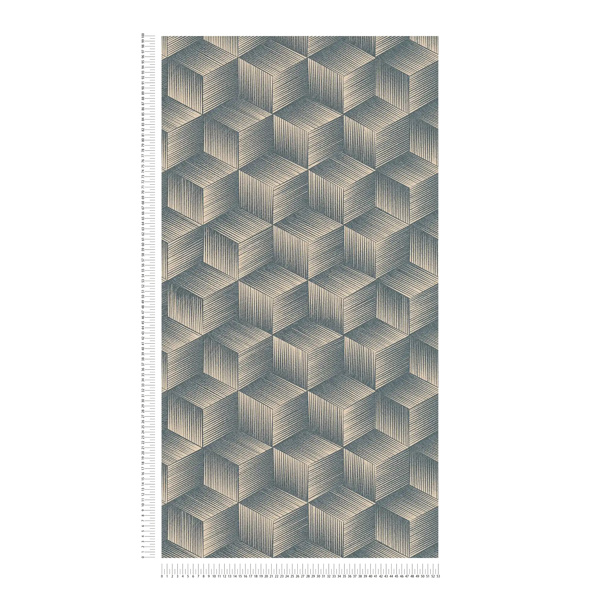             Papier peint intissé avec motif de cubes aspect 3D sans PVC - bleu, beige
        