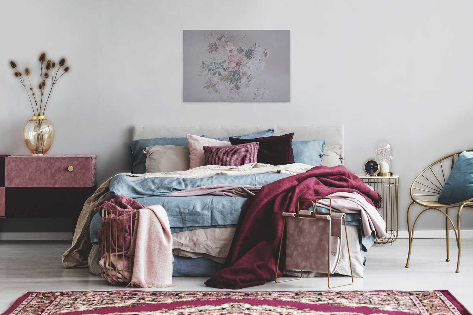             Quadro su tela con fiori dal design pastello | rosa, grigio - 0,90 m x 0,60 m
        