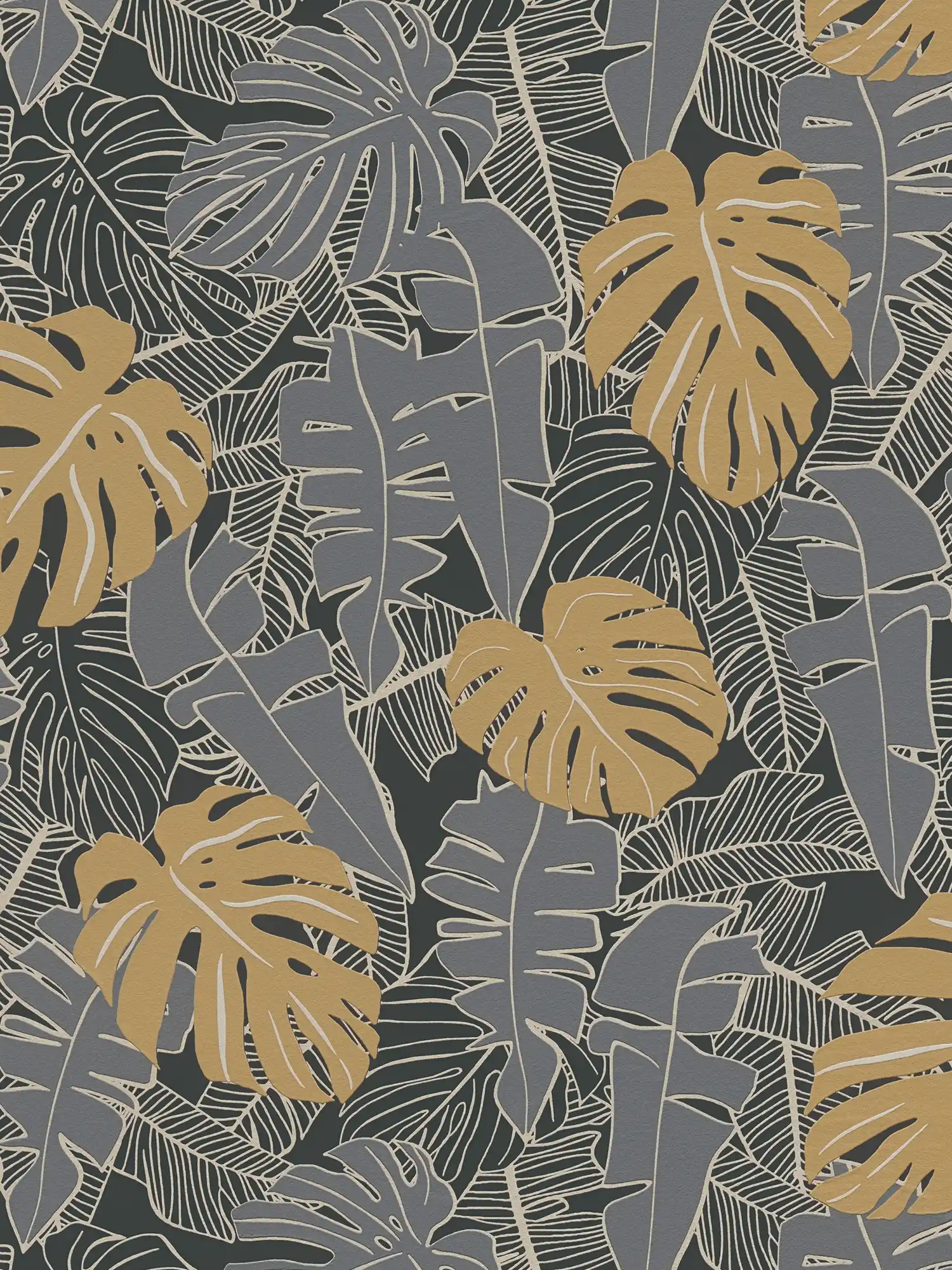 Jungle wallpaper with banana leaves & metallic look - black, gold, grey
