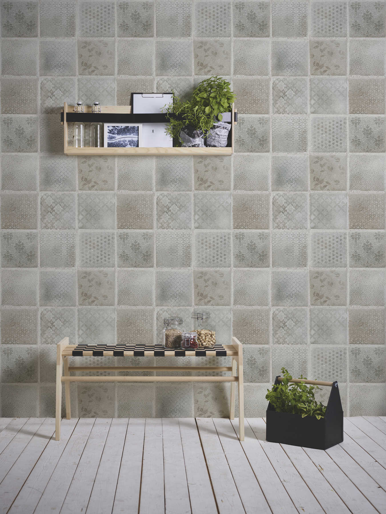             Mosaic and tile look wallpaper - beige, grey, blue
        