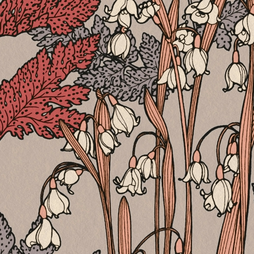            Carta da parati floreale beige con disegno di foglie e fiori - Beige, Grigio, Rosso
        