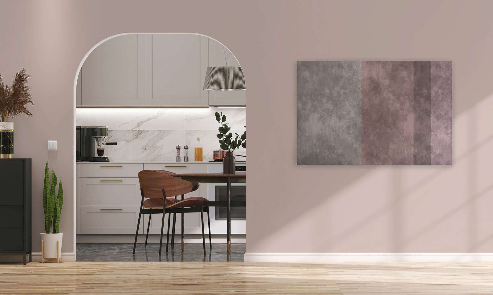             Concrete-look canvas picture with stripes | grey, pink - 1.20 m x 0.80 m
        