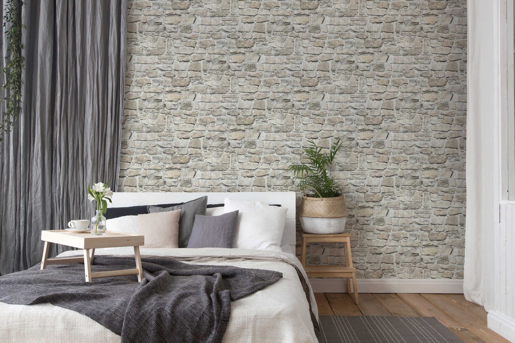             Stone wallpaper with natural stone masonry - grey, beige
        