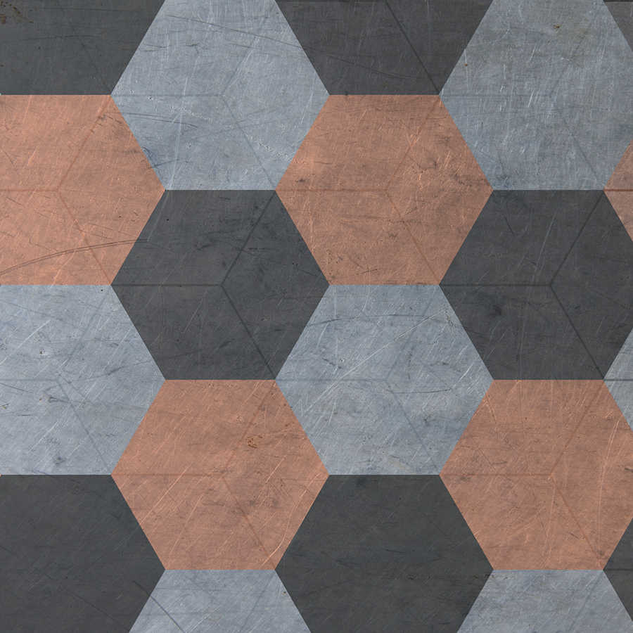 Papier peint panoramique avec carreaux hexagonaux style vintage - noir, gris, orange
