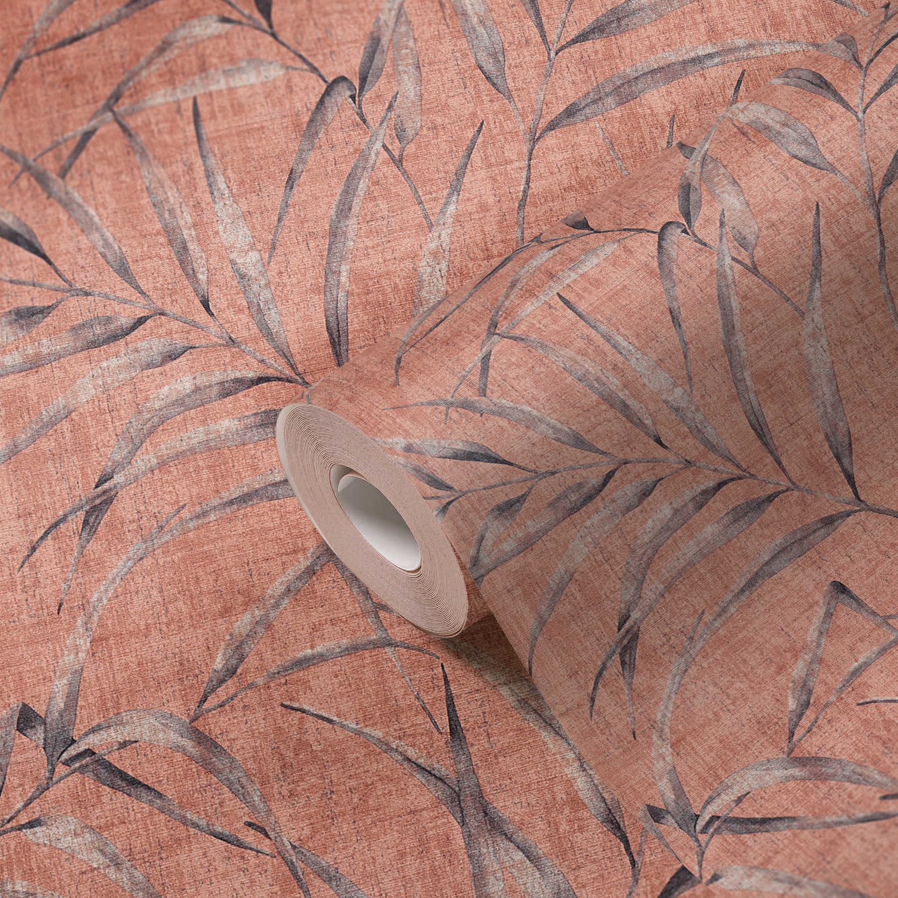             Wallpaper leaf pattern & linen look - pink, orange, red
        