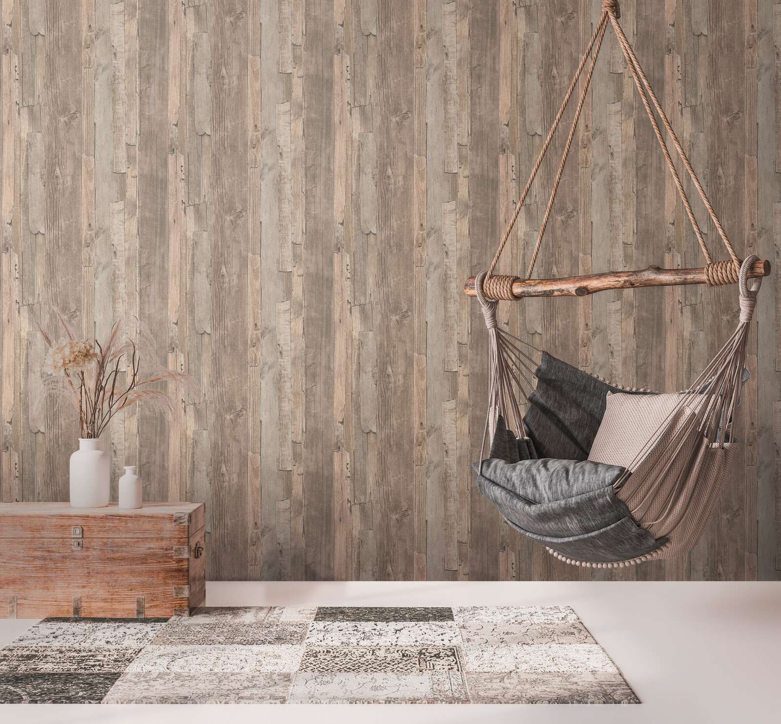             Behang met plankenpatroon, hout in gebruikt design - beige, bruin
        