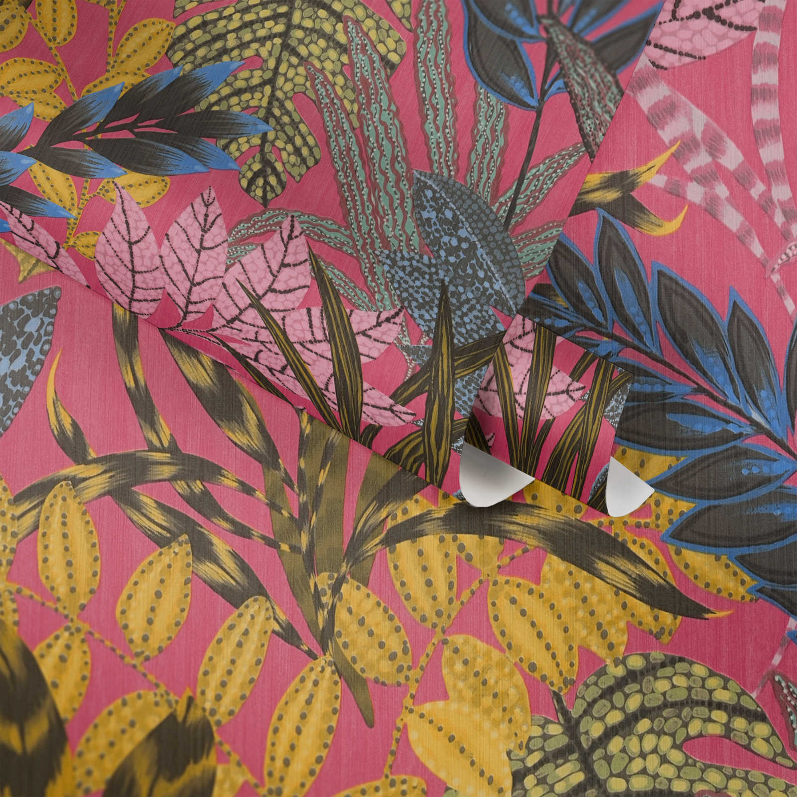            Colorful non-woven wallpaper with leaf motif & embossed structure - colourful, yellow, pink
        