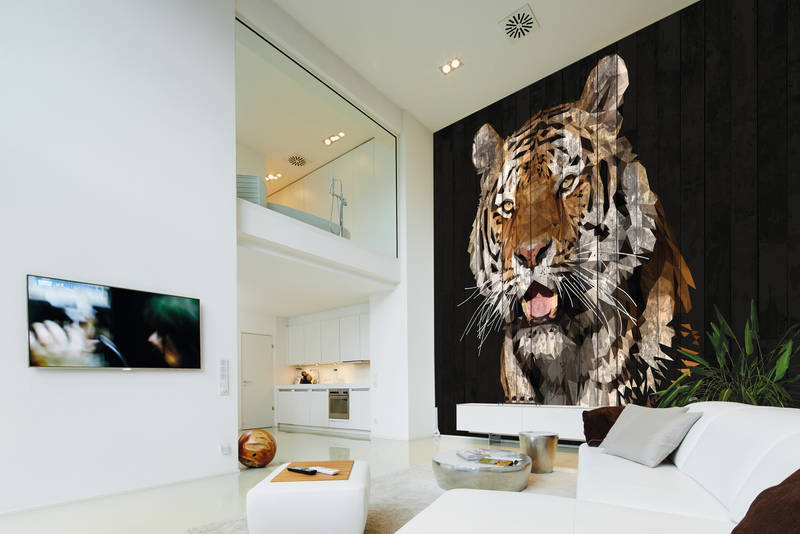             Fotomurali Tiger con aspetto legno e stile poligonale - Marrone, Bianco, Nero
        