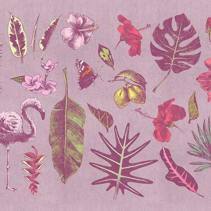 Papier peint Esquisse Flamant rose et feuilles - rose, vert
