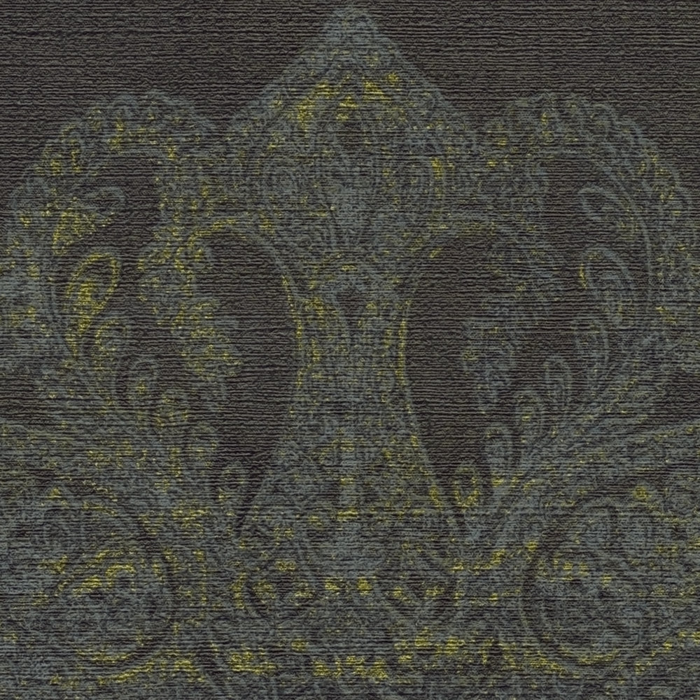             Carta da parati in tessuto non tessuto in stile barocco con ornamenti - nero, blu, giallo
        