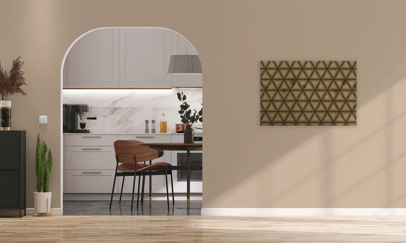             Canvas painting geometric triangle pattern in wood look | brown, beige - 0,90 m x 0,60 m
        