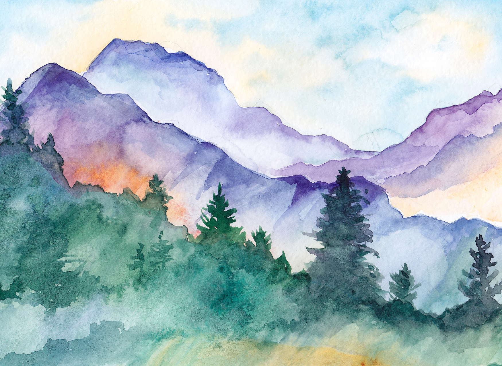             Aquarel geschilderd berglandschap muurschildering - kleurrijk
        