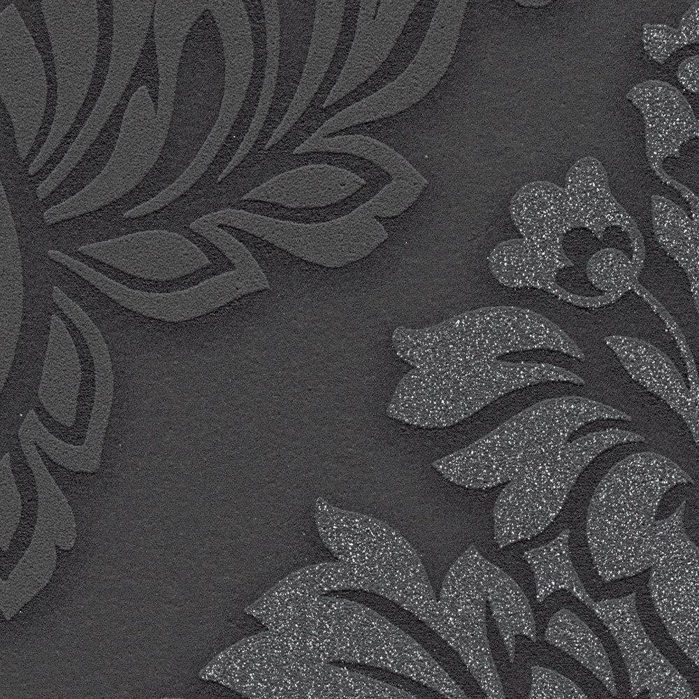             Baroque wallpaper ornaments with glitter effect - black, silver, grey
        