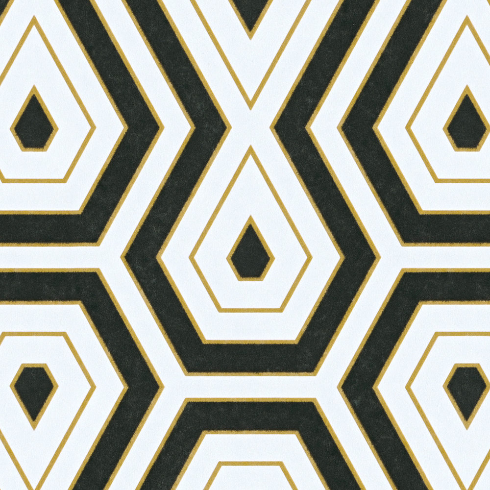            Zwart & Wit Behang met Gouden Accent & Retro Grafisch Ontwerp
        