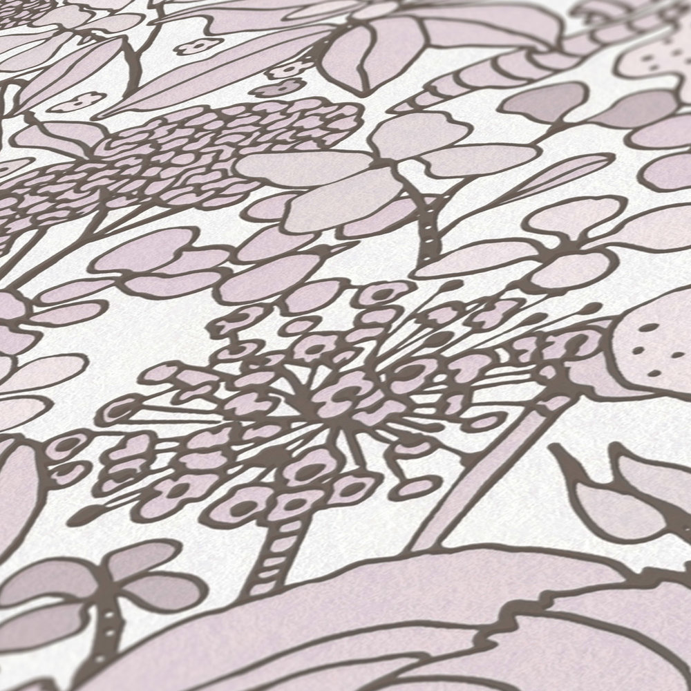             behang grijs beige bloemenpatroon in tekenstijl - crème, bruin, wit
        