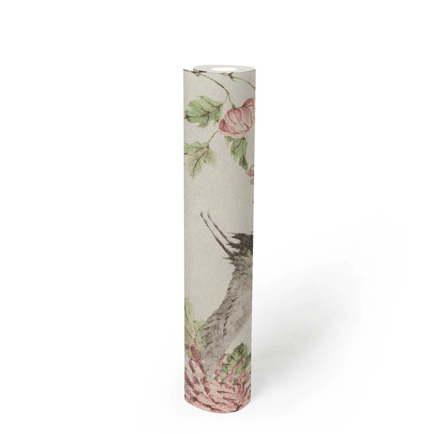             Pattern wallpaper with Asian crane and flower motif - pink, green, white
        