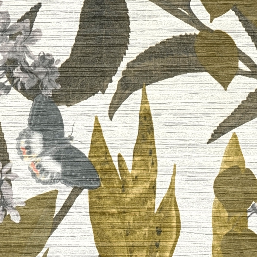             papel pintado diseño de la selva con patrón de hojas - amarillo, gris
        