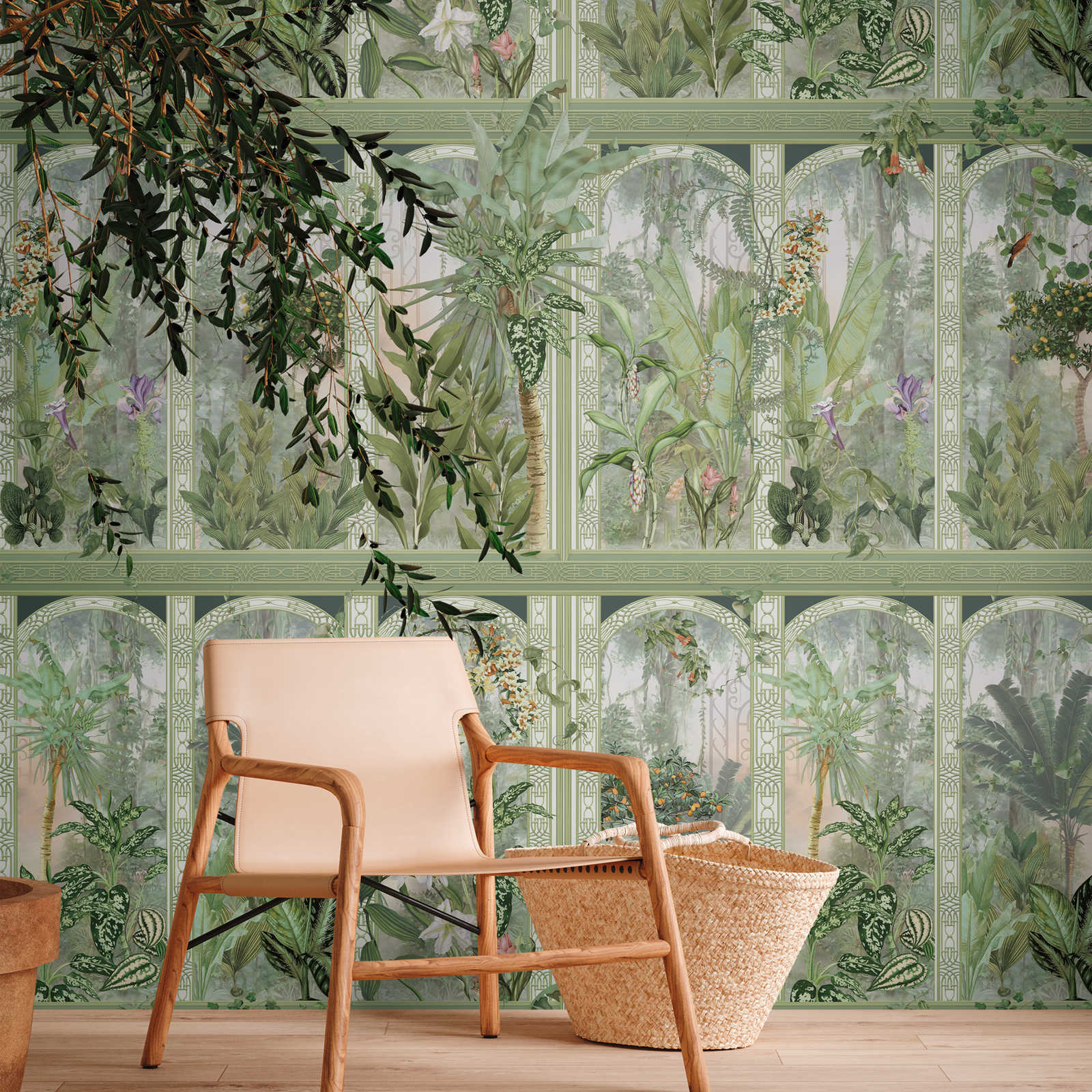 Papier peint motif jungle avec grandes feuilles et fleurs - vert, marron, blanc
