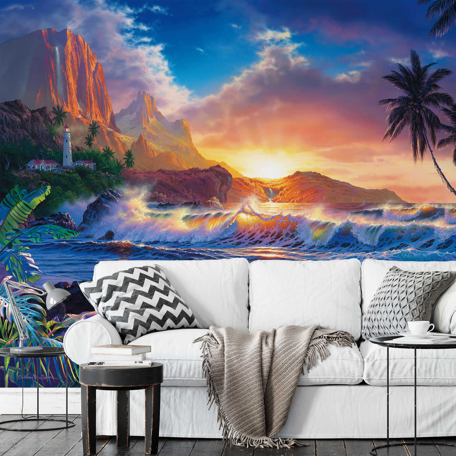             Paradise mural with tropical coastal landscape
        
