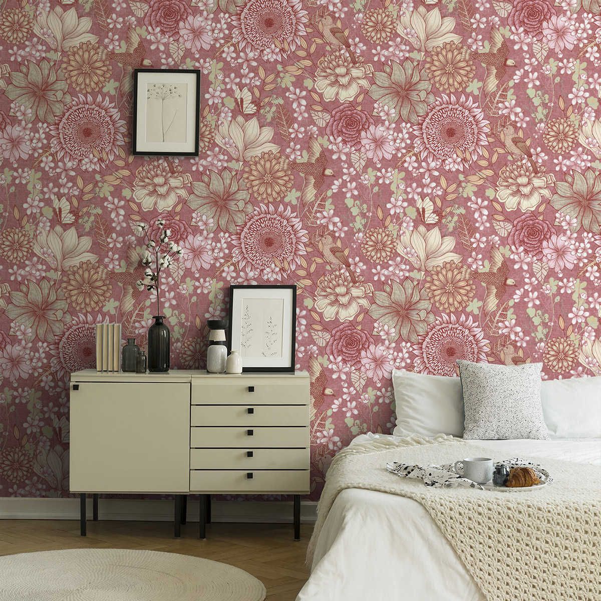         Floral non-woven wallpaper with various flowers and leaves - pink, white, cream
    