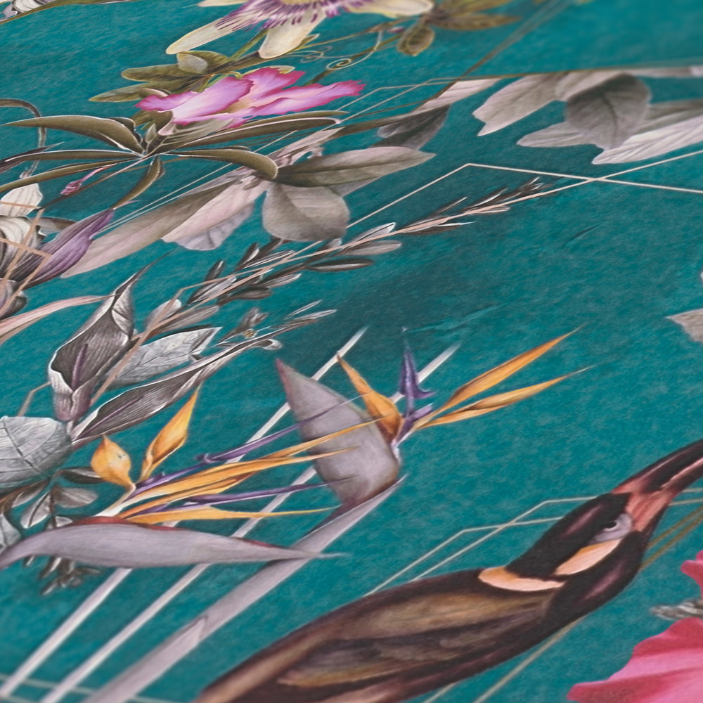             Papier peint jungle fleurs tropicales & oiseaux - turquoise, vert, multicolore
        