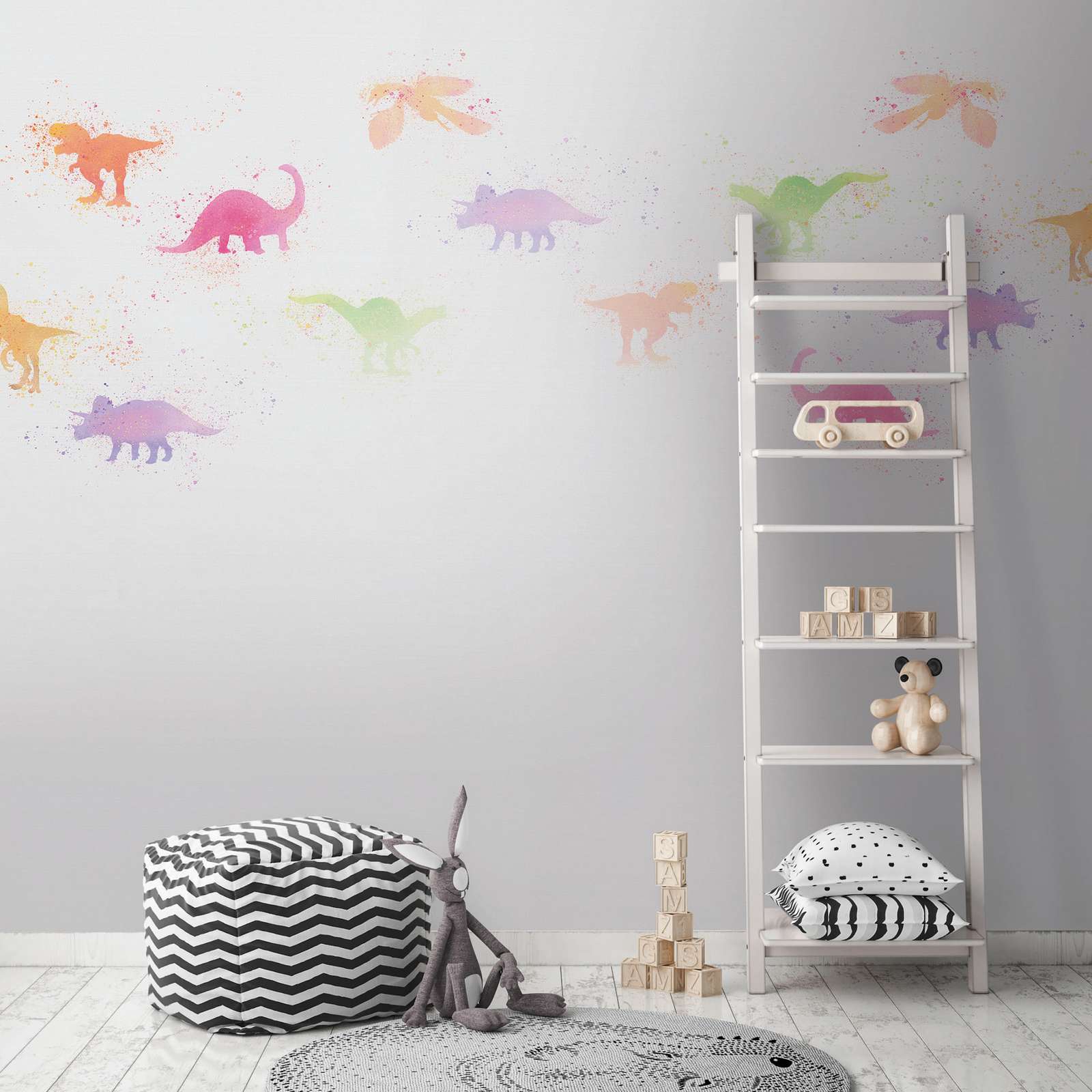             Nursery Wallpaper with Little Dinosaurs - Colourful, White
        