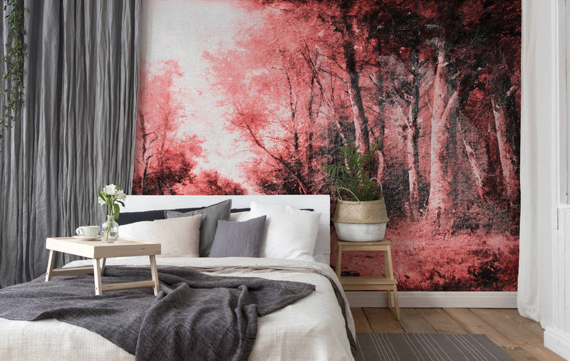             Photo wallpaper landscape painting, forest panorama - pink, white, black
        