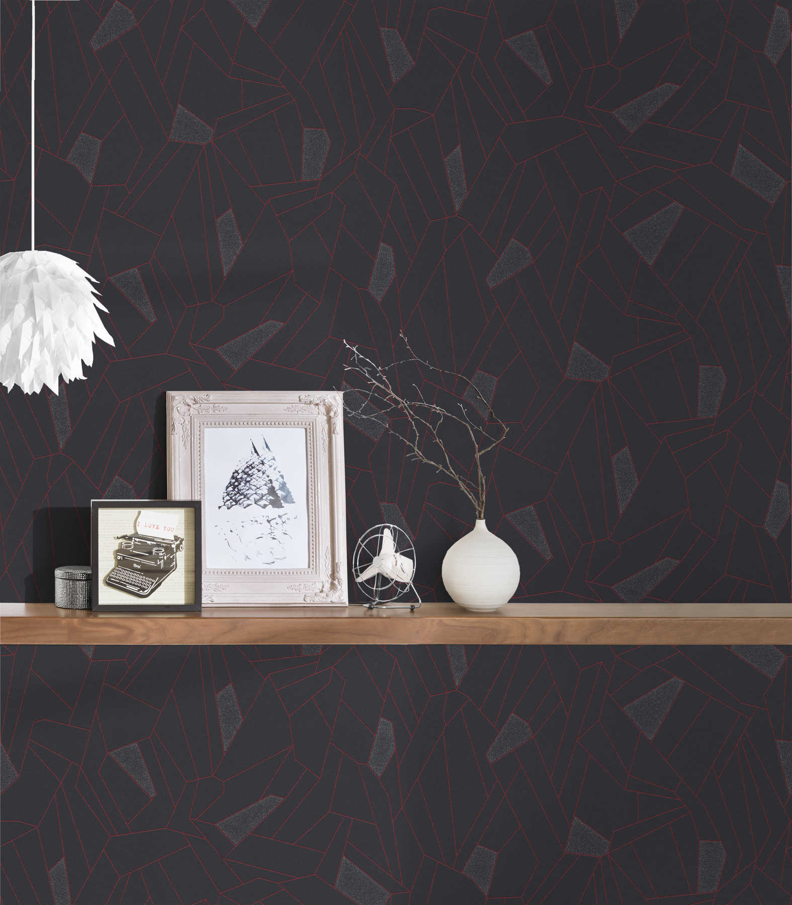             Wallpaper line pattern, metallic & gloss effect - anthracite, grey, red
        