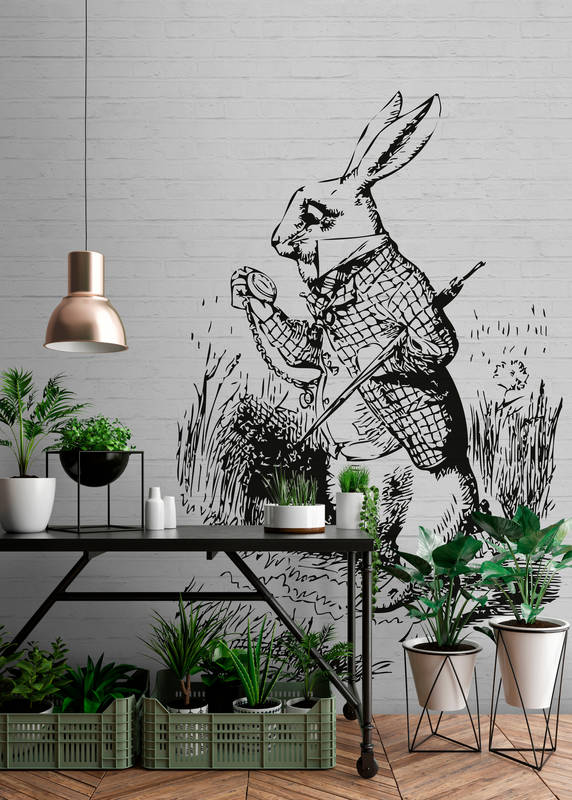             Black and white photo wallpaper stone look & rabbit with walking stick
        