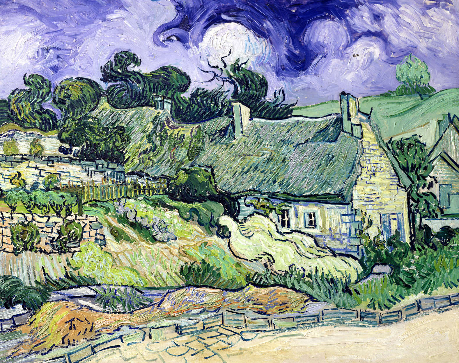             Huizen met rieten daken in Cordeville" muurschildering van Vincent van Gogh
        
