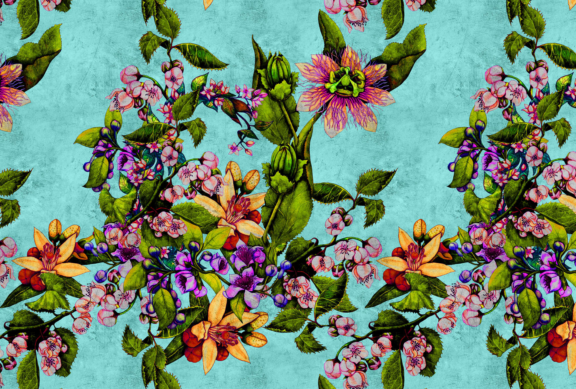             Tropical Passion 1 - Tropisch fotobehang met bloemenpatroon in krasstructuur - Groen, Turquoise | Mat glad vlies
        