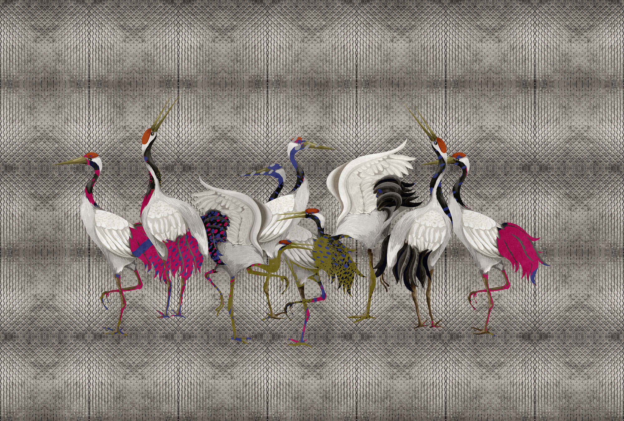             Land van Geluk 3 - Metallic zilver behang met kleurrijk kraanvogelmotief
        