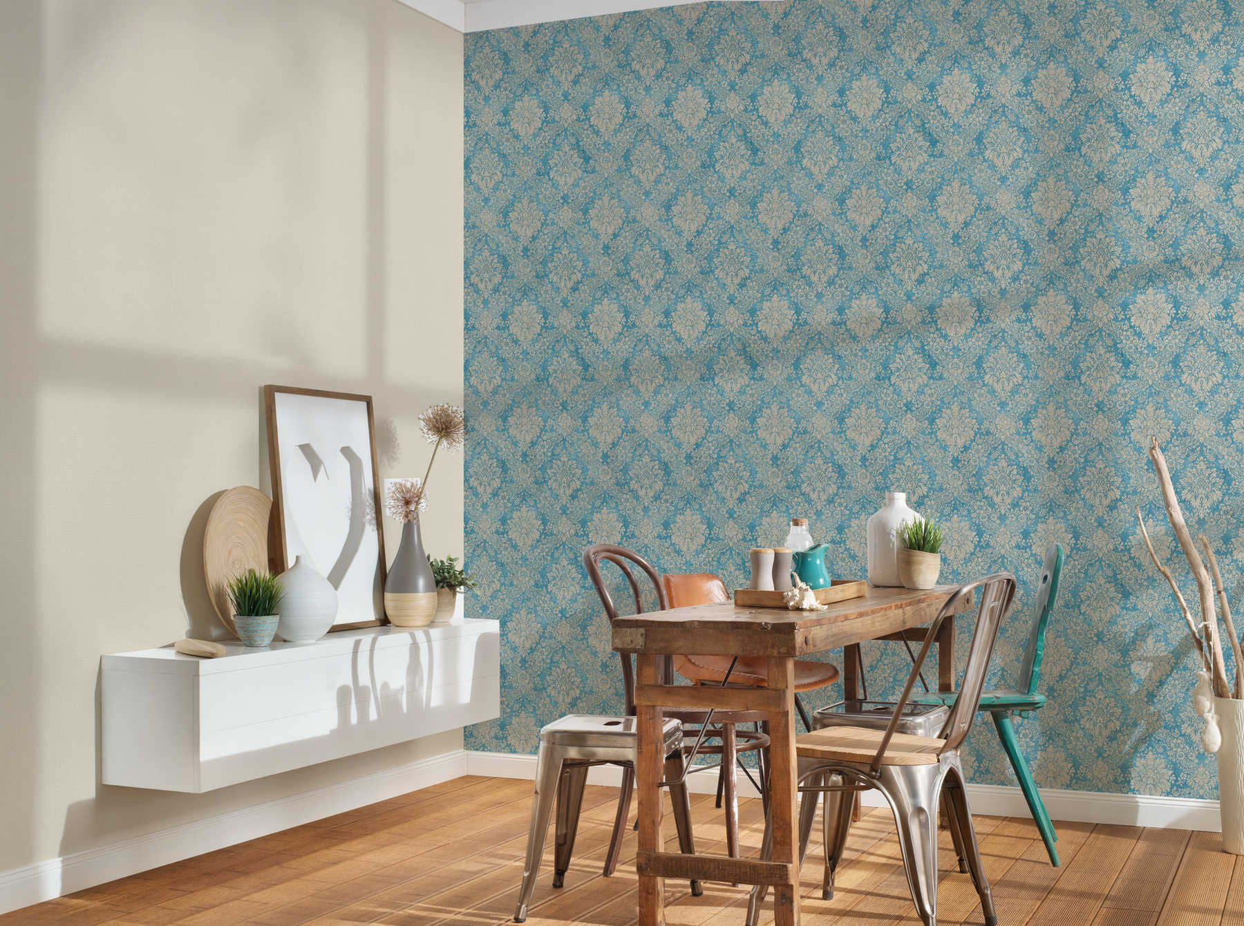             Floral ornament wallpaper with metallic effect & used look - blue, brown, metallic
        