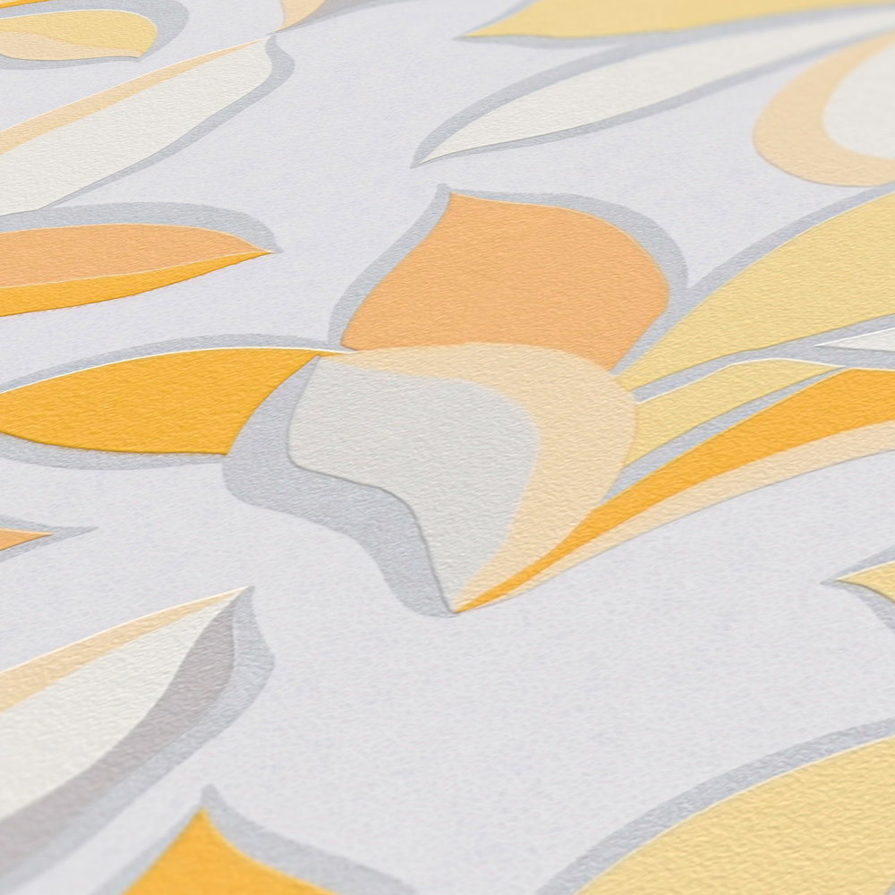             Papier peint intissé avec motif floral & aspect métallique - jaune, orange, gris
        