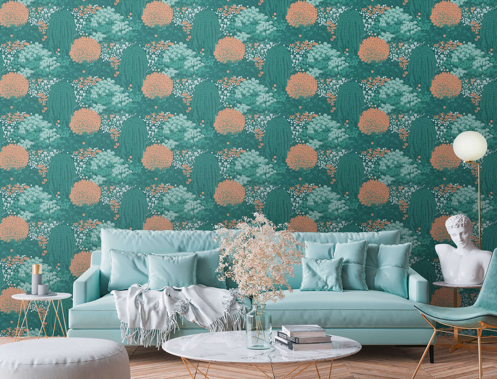             Floral wallpaper with leaves light textured, matt - petrol, orange, green
        