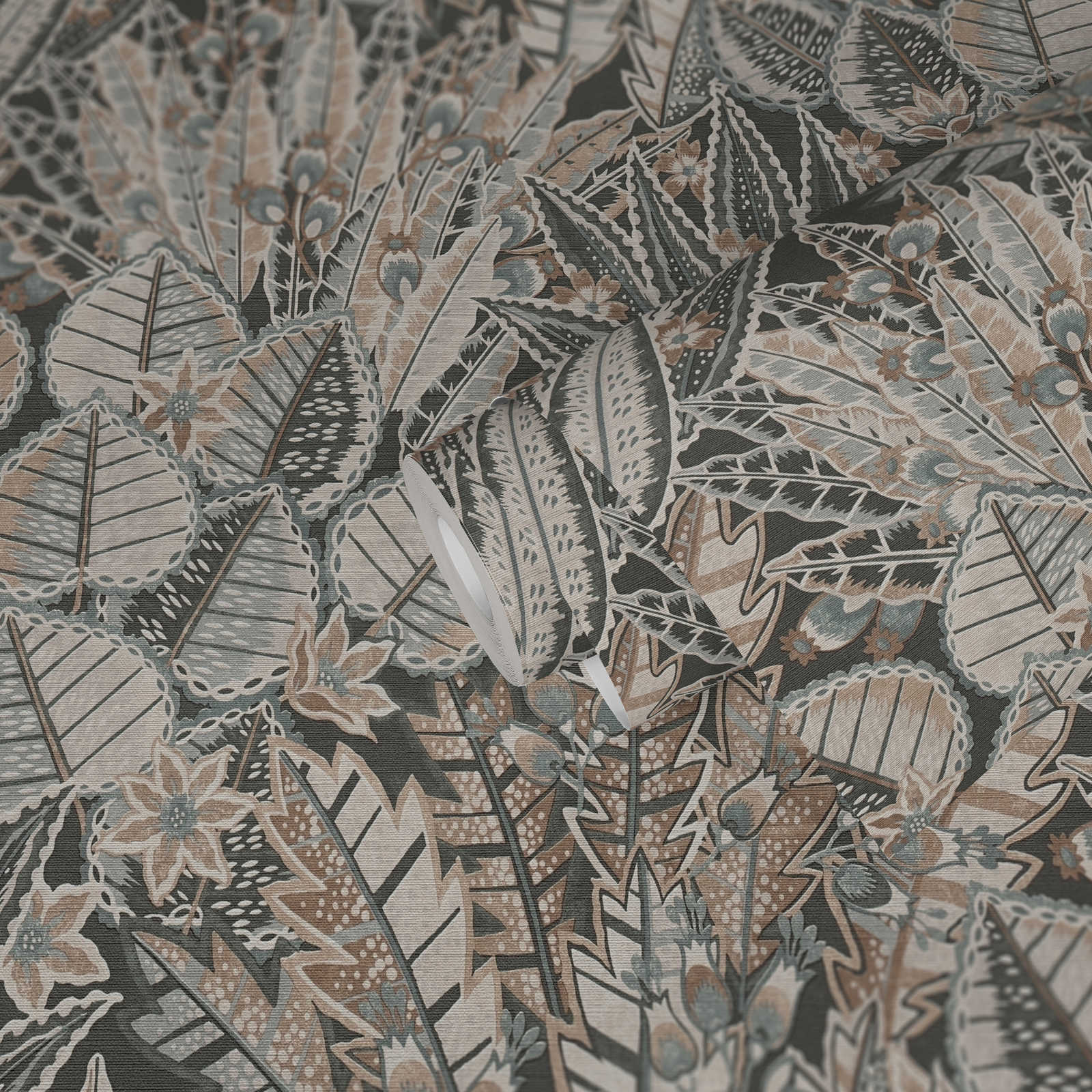             Papel pintado no tejido con motivo de hojas de aspecto abstracto - negro, marrón, gris
        