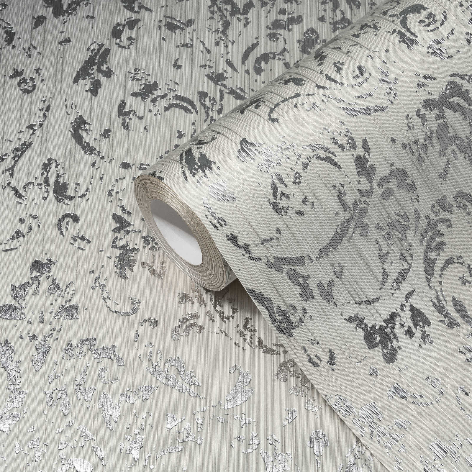             Ornament wallpaper in used look with metallic effect - grey, silver
        