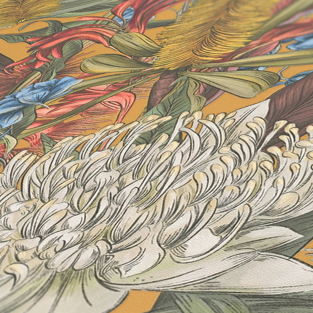            Carta da parati in stile floreale con foglie e fiori, opaca, multicolore, gialla e verde.
        