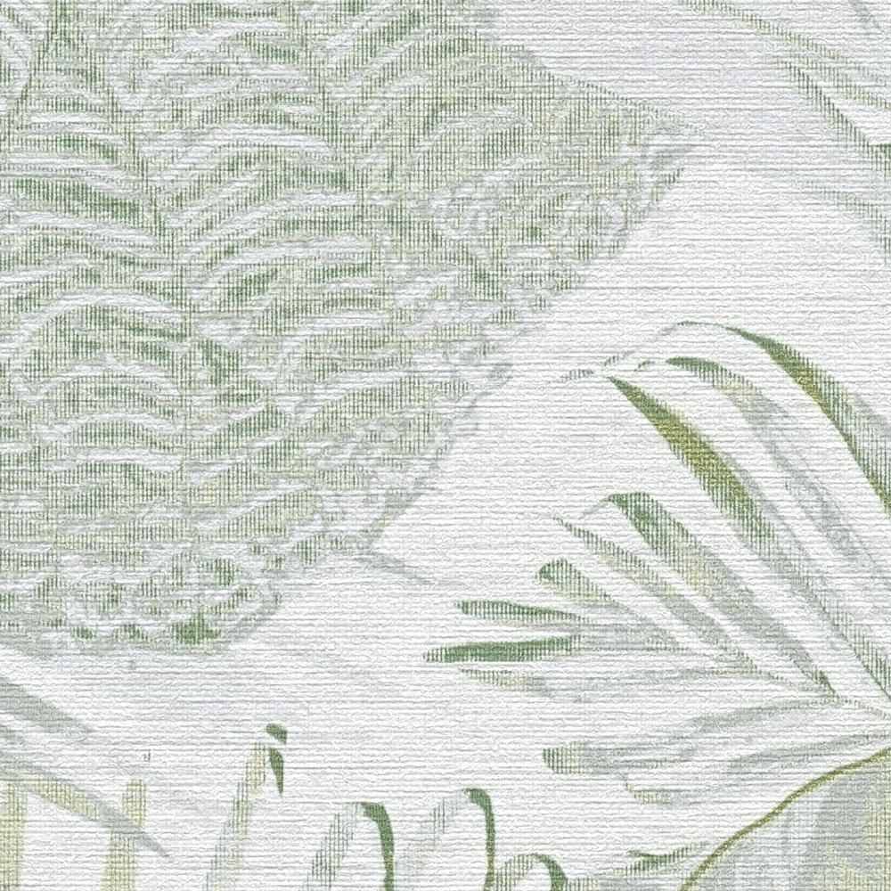             Onderlaag behang met bladeren en jungle patroon licht glanzend - groen, wit, grijs
        