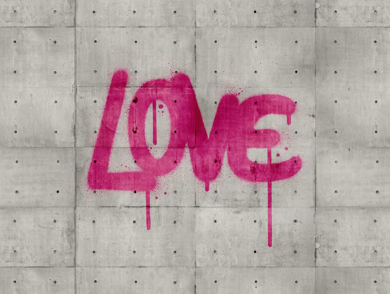             Wallpaper novelty - concrete motif wallpaper LOVE graffiti, grey & pink
        