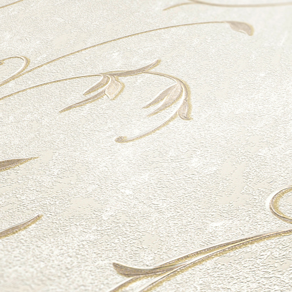             Non-woven wallpaper in plaster look with golden tendril pattern - beige, cream, gold
        